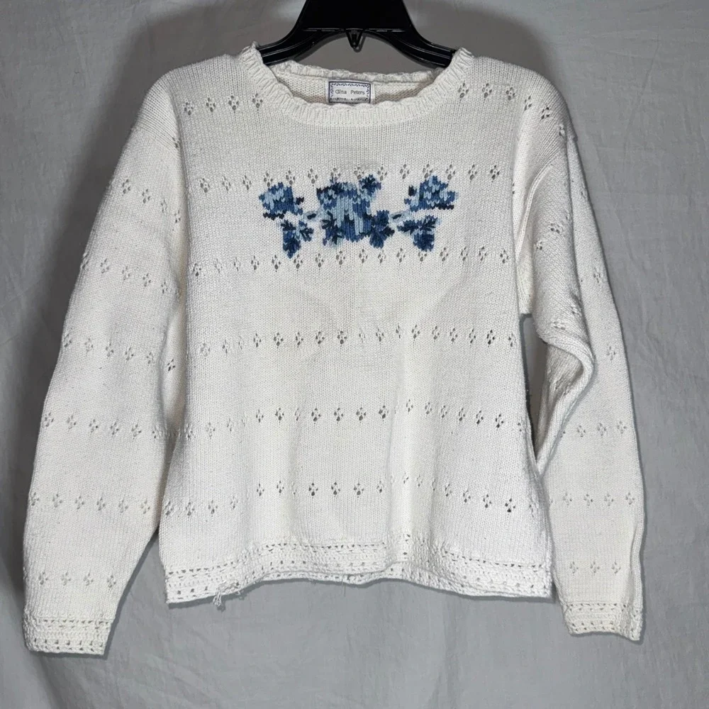 Gina Peters Vintage White Pointelle Knit Floral Embroidered Sweater Womens M